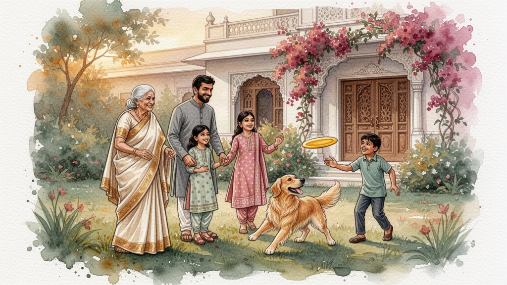 An Indian family playing with their Golden Retriever in a garden